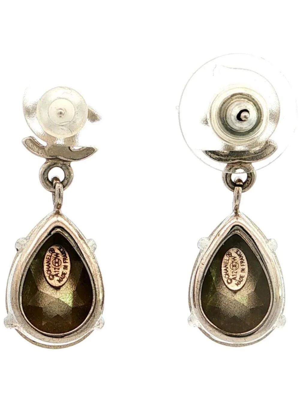 Chanel CC Logo Pear Shape Rhinestone Alloy Earrings Plated Silver